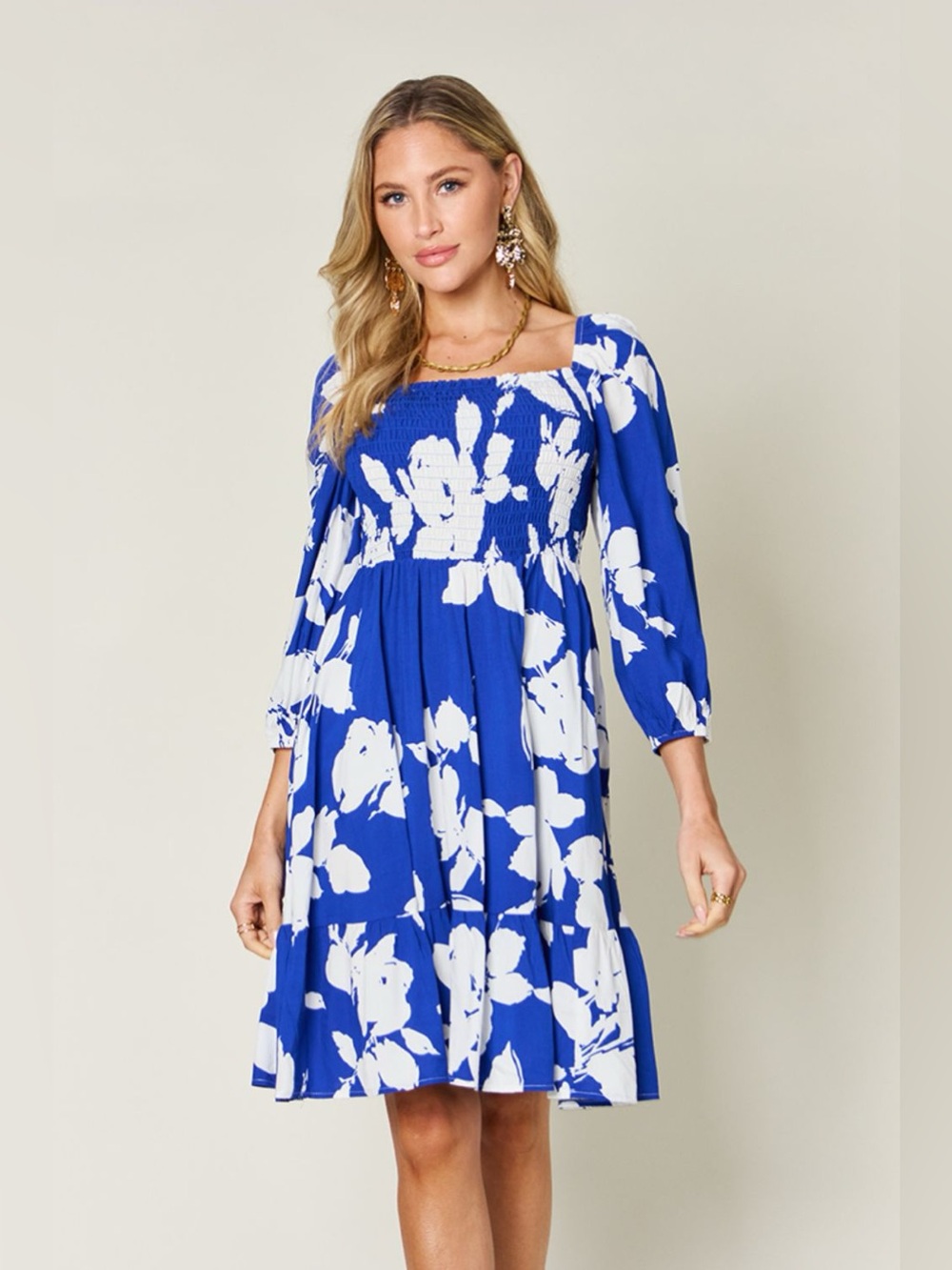 Double Take Full Size Floral Ruffle Hem Smocked Dress with Pockets